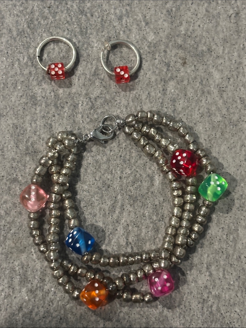 Kids Multi-Strand Silver Bead Bracelet with Colorful Dice Charms Earrings